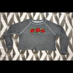 Wildfox Embroidered Rose Cropped Crew Sweatshirt
